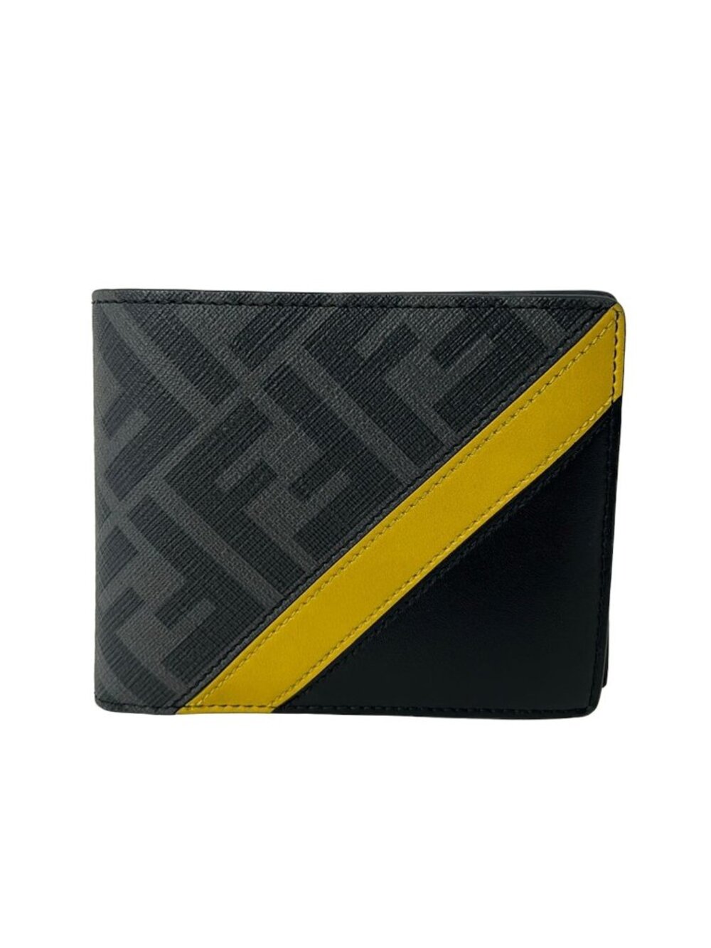 Fendi Bifold Wallet Zucca Pattern Gray Black Dark Yellow Leather